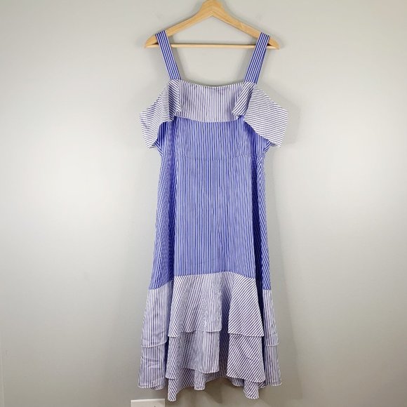 J.Crew Collection Stripe Silk Dress Blue Cold Shoulder Midi Layer Hem Med 10 M - Picture 2 of 12